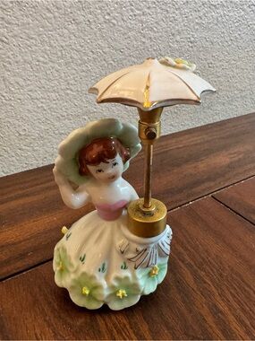 Vintage DEV Lady Perfume Bottle Girl w Umbrella Spray Atomizer 4-1/2"